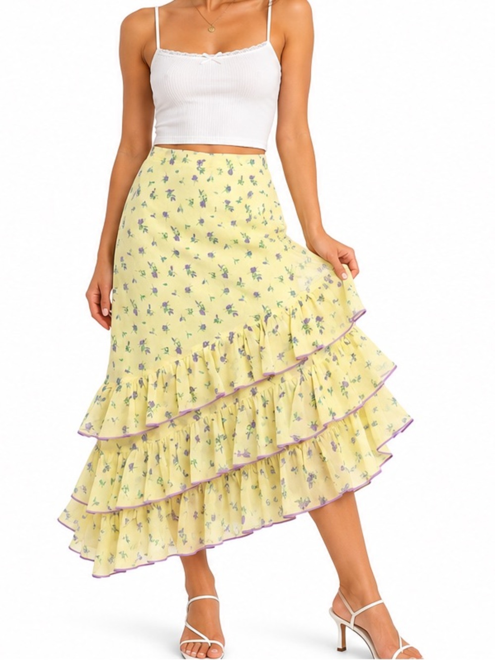 Kimchi Blue Yellow Floral Ruffle Asymmetrical Midi Skirt Size S Y2K